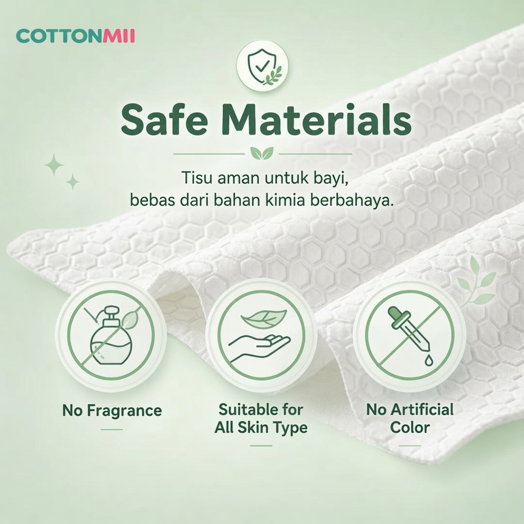 Bahan aman COTTONMII: tanpa fragrance, cocok semua jenis kulit, tanpa pewarna buatan